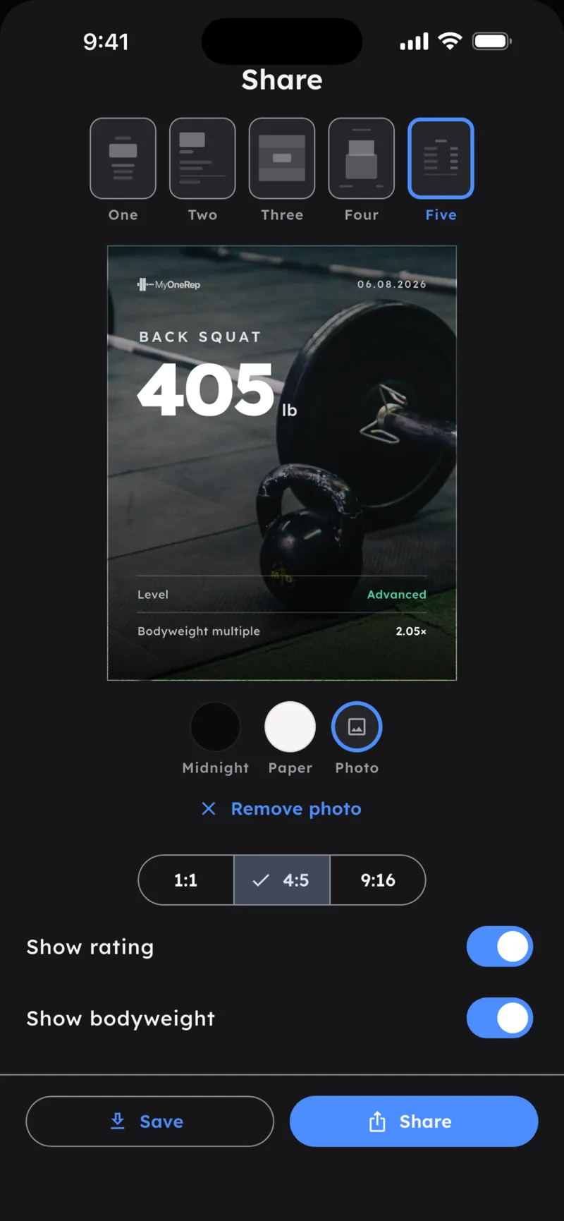 Share sheet — PR card on your own photo