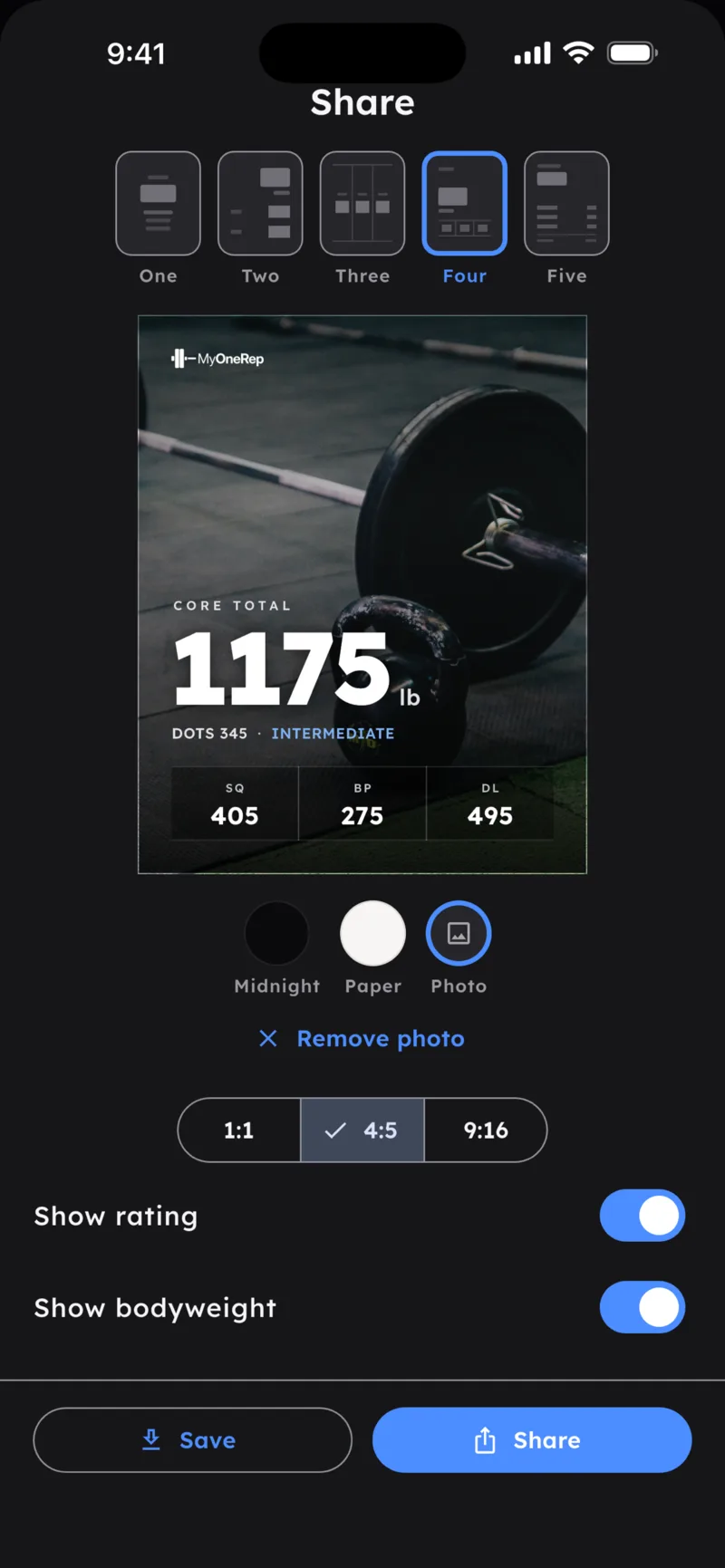 Share sheet — total + DOTS score card